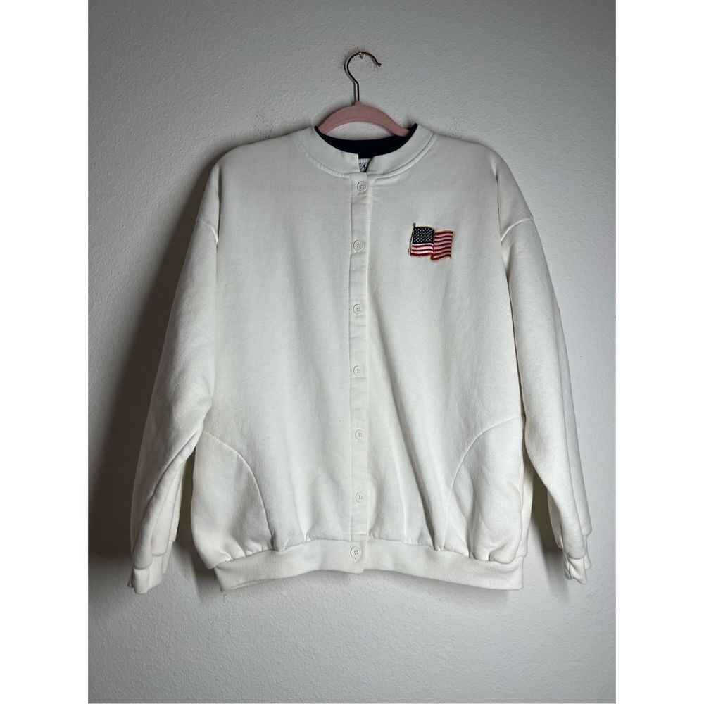 Artisans Vintage American Flag White Buttoned Up Varsity Jacket Size XL
